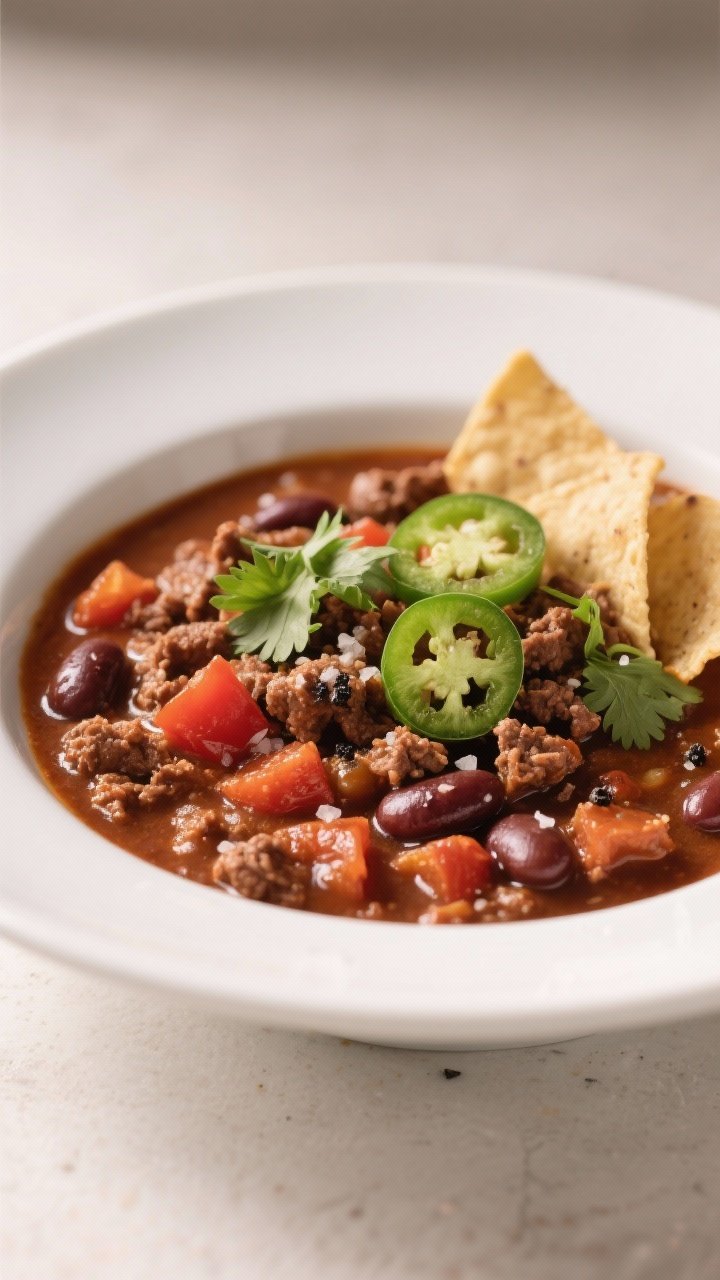 Final plated hero: Restaurant-quality presentation of the Easiest Crockpot Chili served thick and he