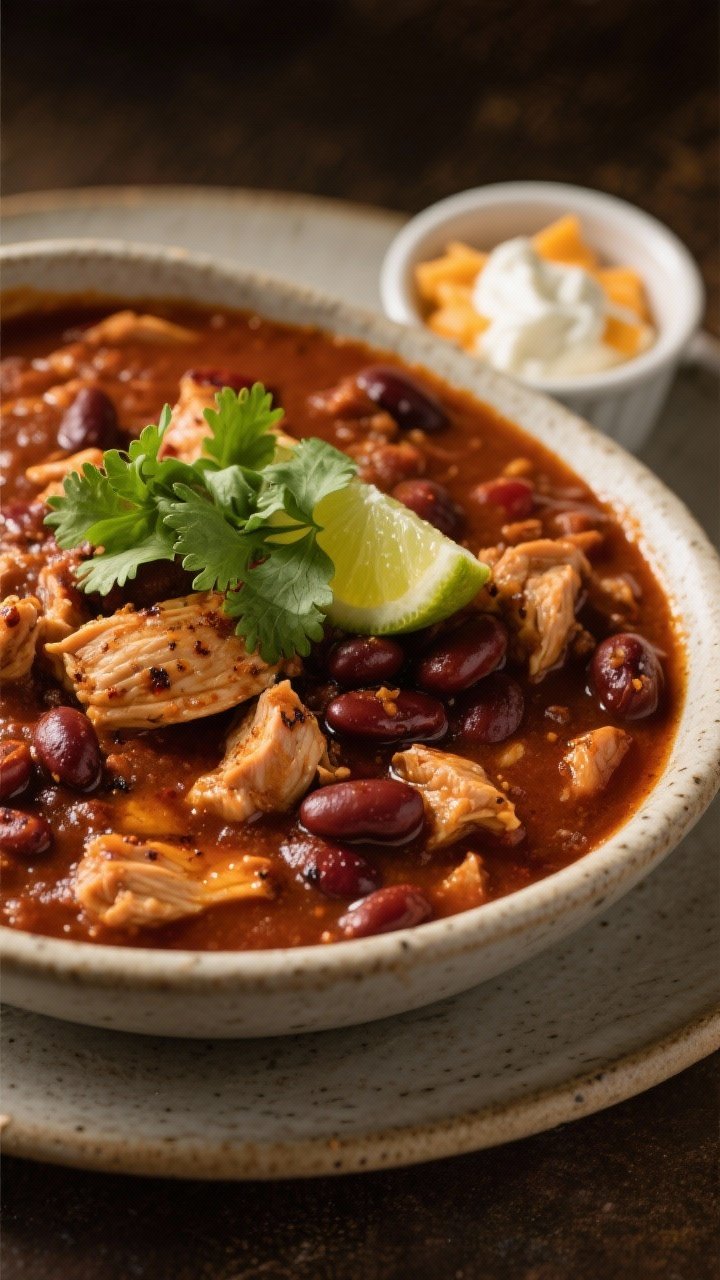 Final plated hero shot, close-up detail: Restaurant-quality presentation of the chili ladled into a 