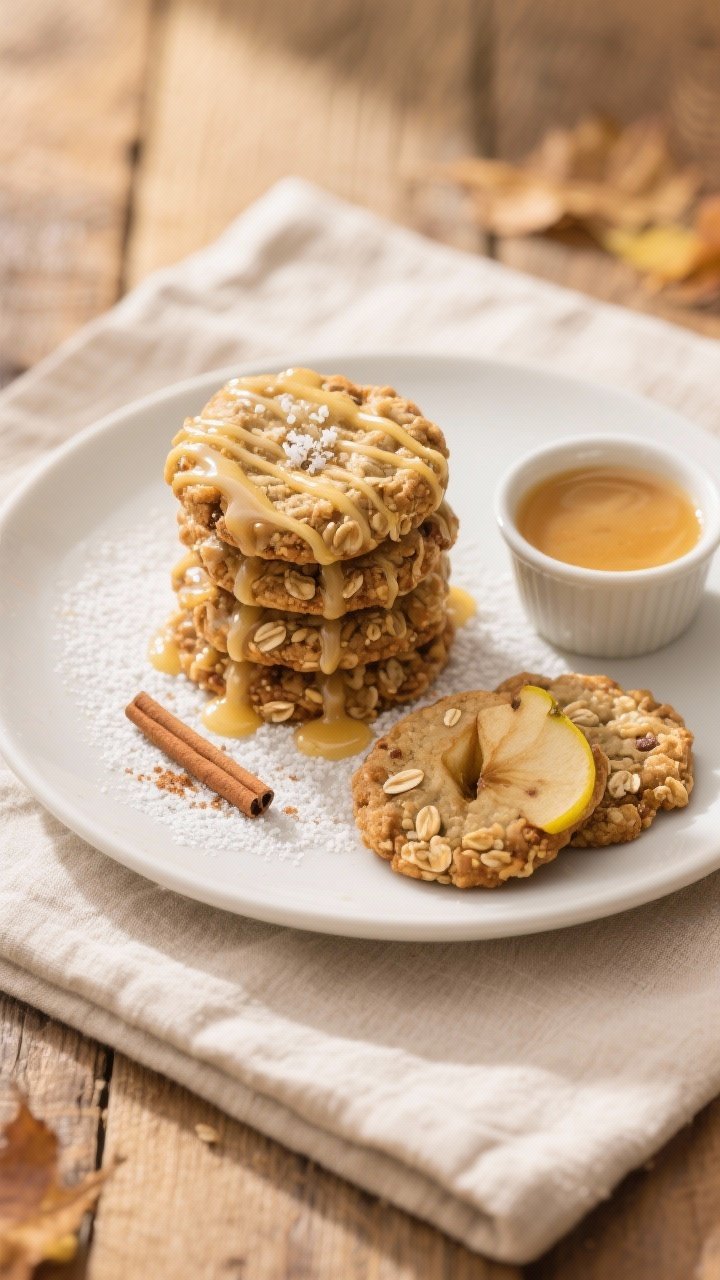 Final plated presentation: Beautiful stack of glazed healthy apple oatmeal cookies on a matte white 