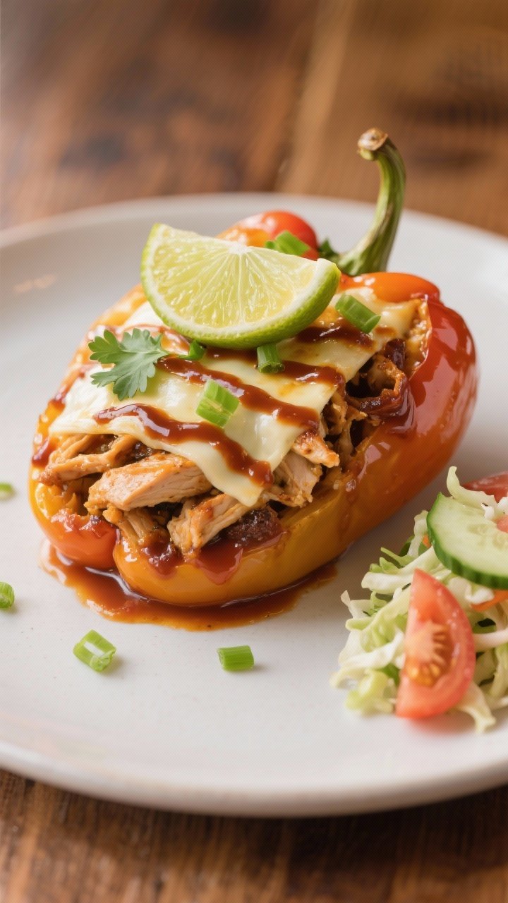 Final plated presentation: One stuffed pepper half mounded high on a matte white plate, drizzle of e