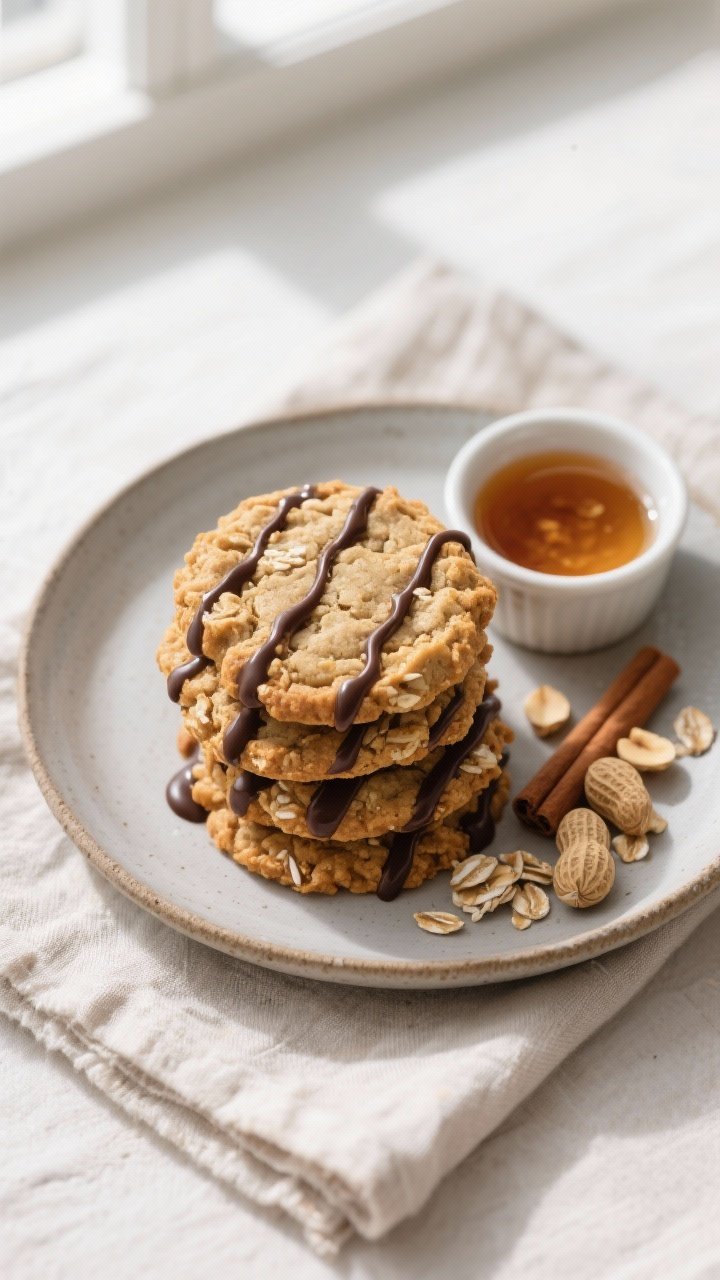 Final presentation top view: A curated plate of finished Healthy Peanut Butter Oatmeal Cookies arran