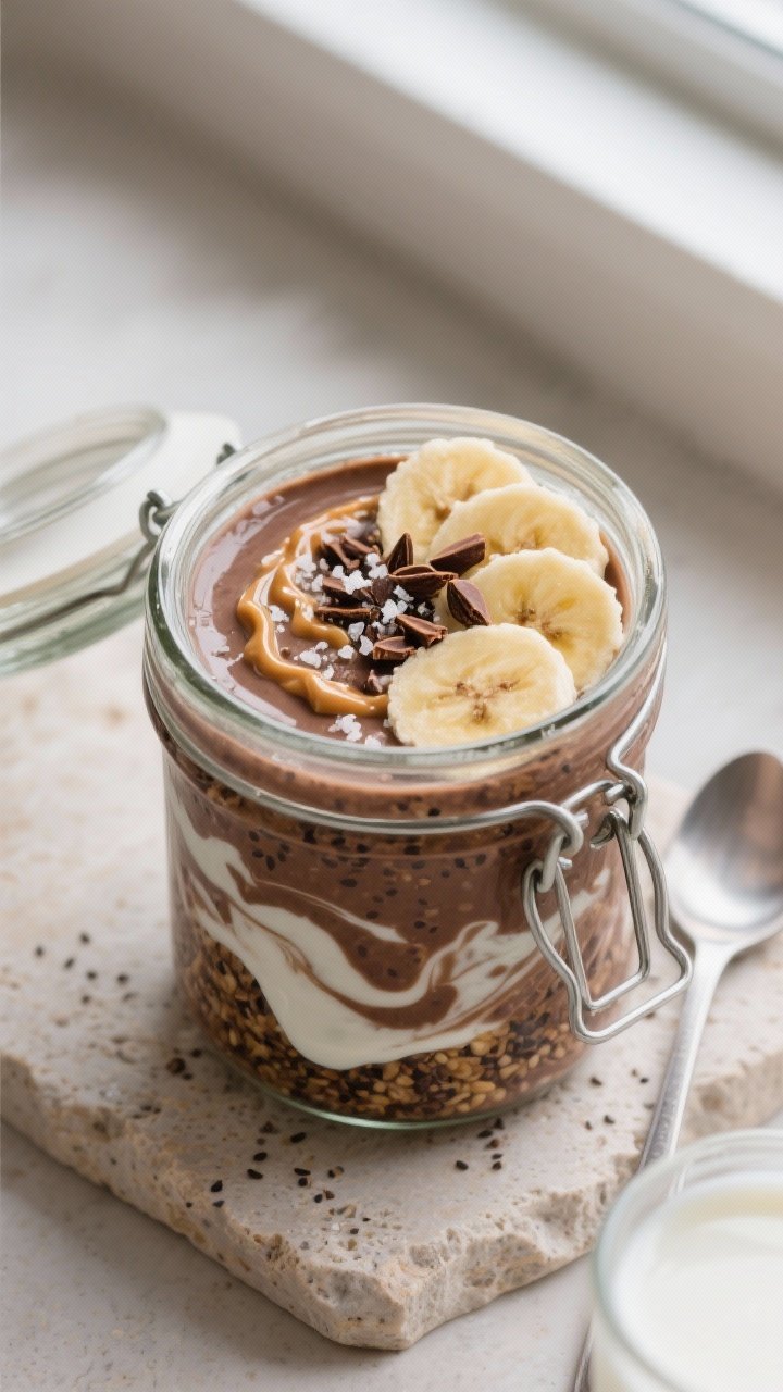 Overhead shot of a closed-lid glass jar just opened for morning, revealing thick, creamy cocoa banan