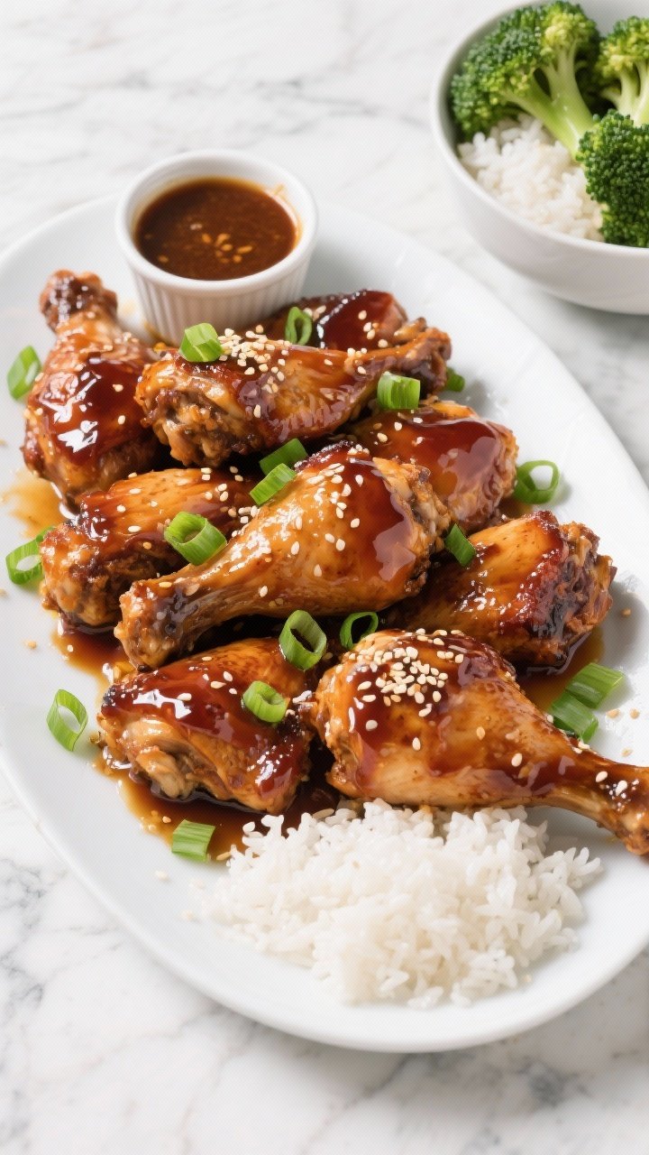 Overhead tasty top view: Family-style platter of finished sticky soy glazed thighs, arranged in over