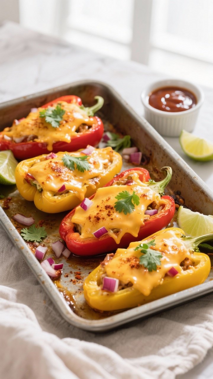 Overhead “tasty top view” shot: A 9x13 pan of halved bell peppers (mixed red and yellow) generou