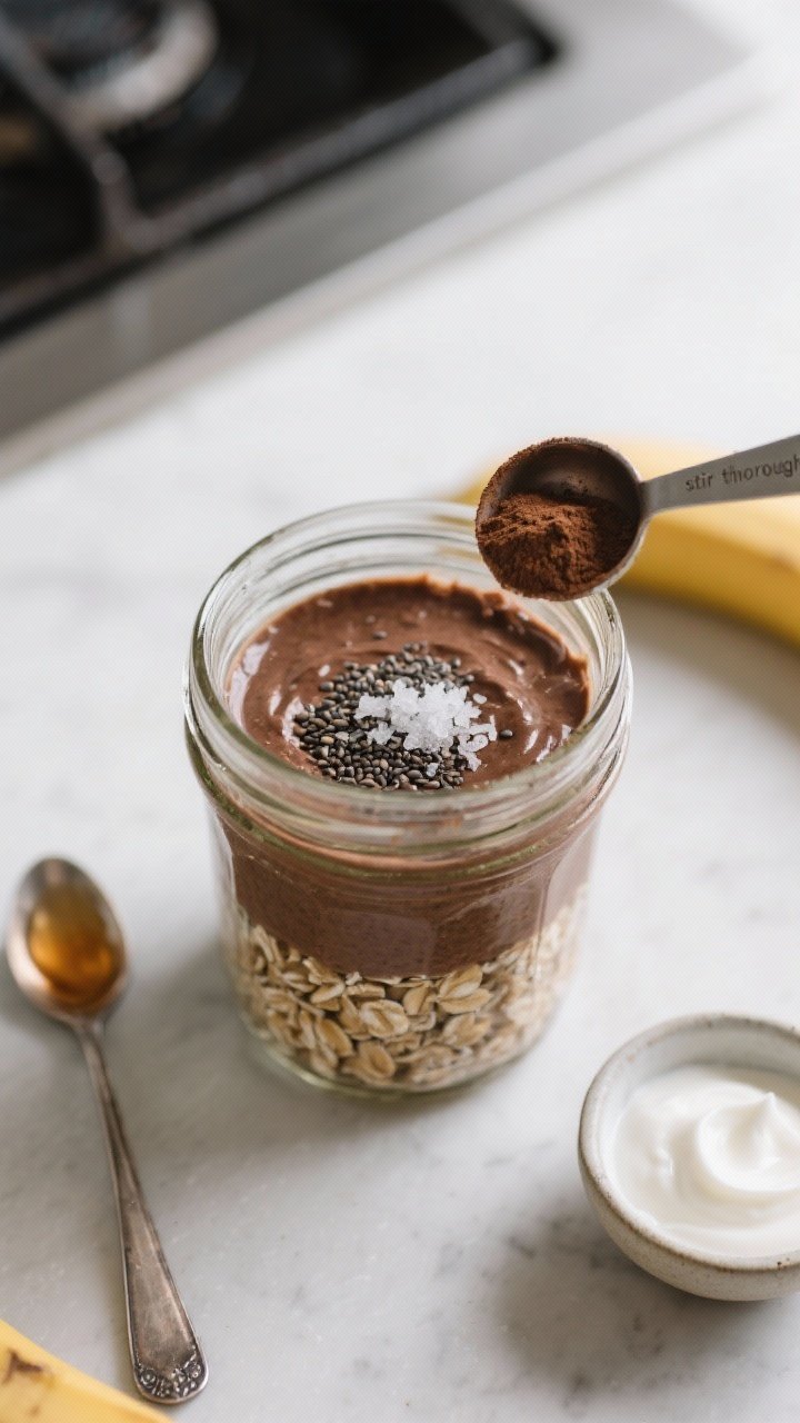 Process shot, top-down: freshly mixed cocoa banana oat mixture in a wide-mouth jar right before chil