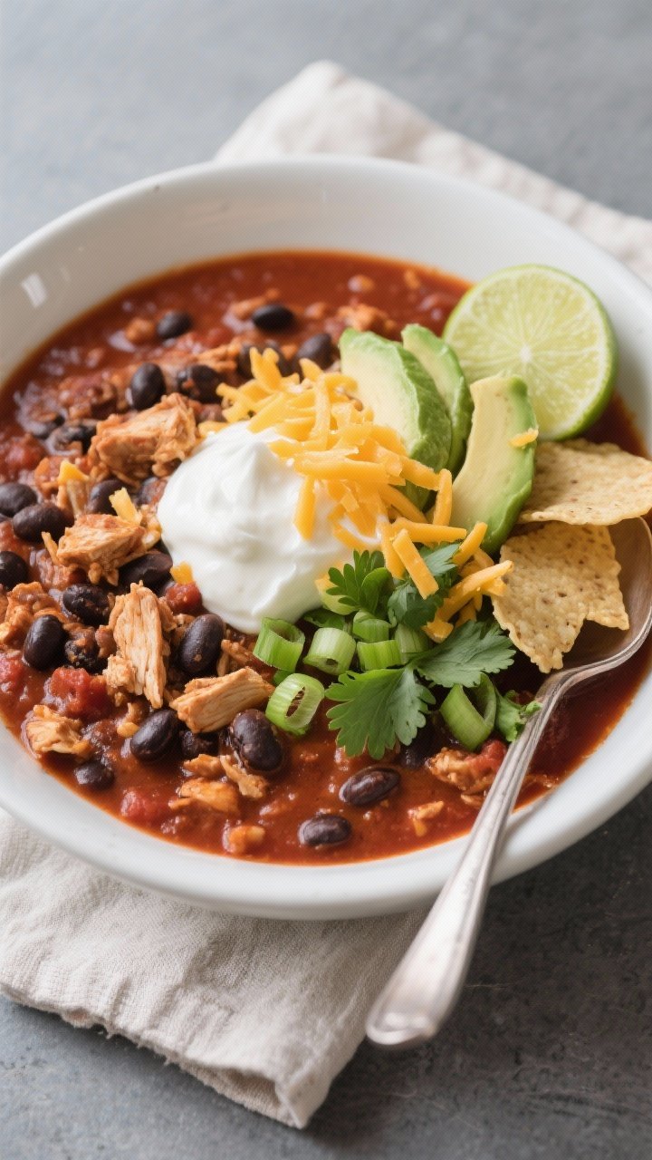 Tasty top view, overhead: Overhead shot of a hearty bowl of High Protein Chicken and Black Bean Chil