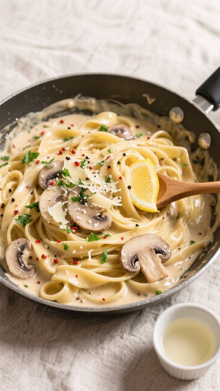 Tasty top view, overhead: Overhead shot of fettuccine coated in glossy mushroom cream sauce in a wid