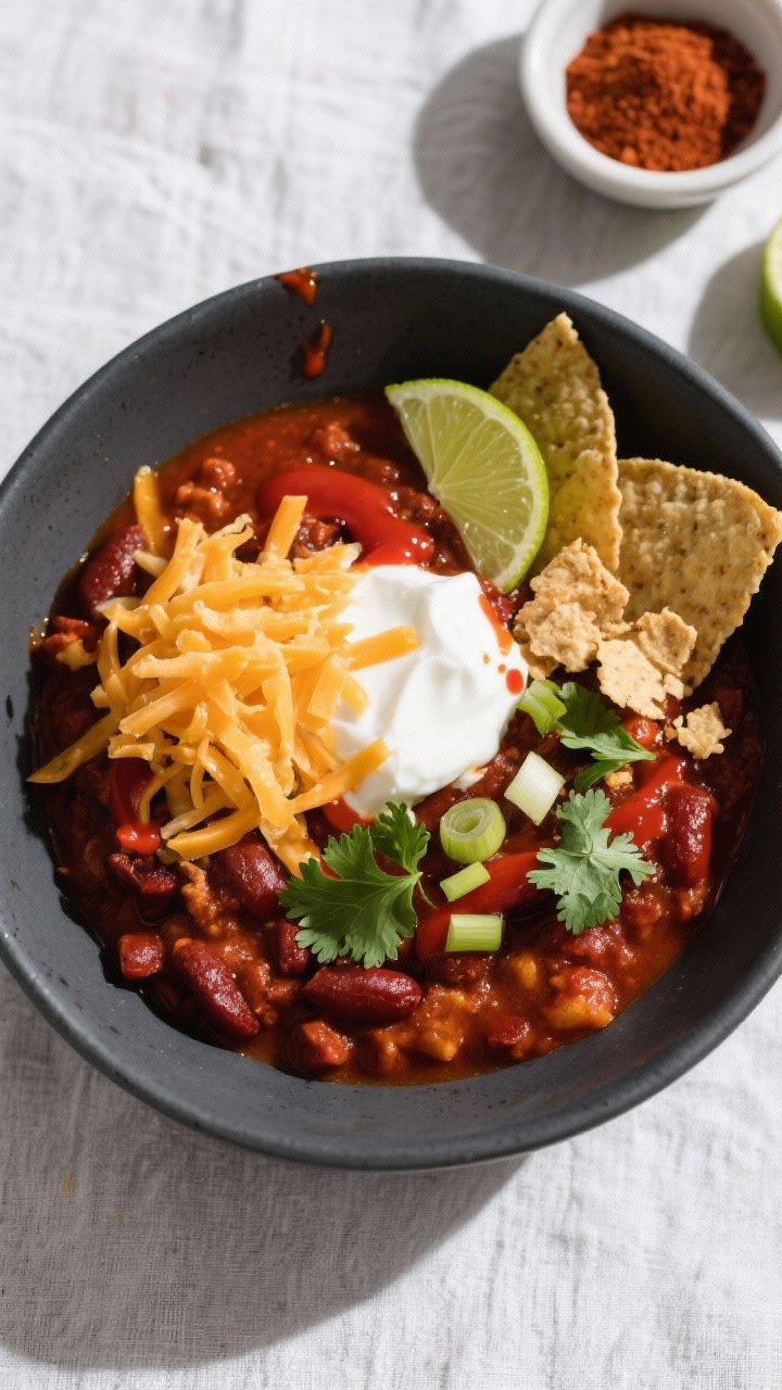 Tasty top view: Overhead shot of a bowl of finished chili with a bright finish of lime juice stirred