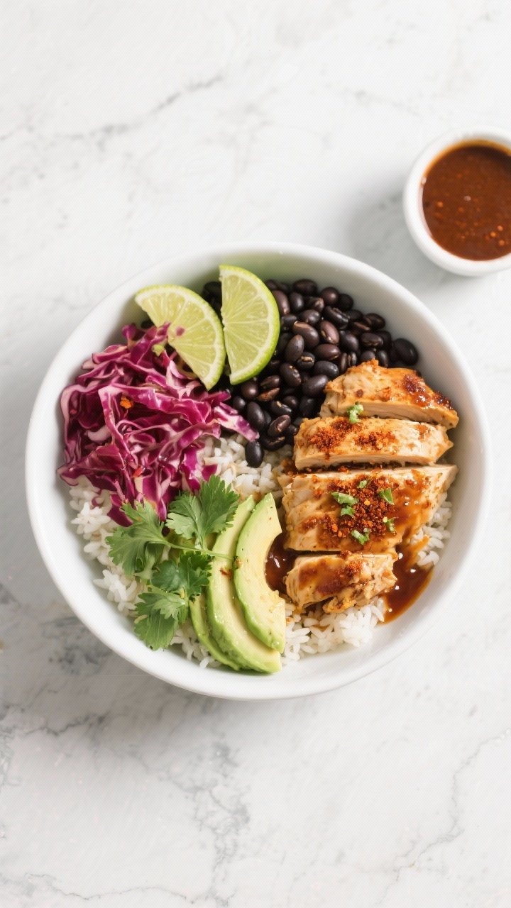 Tasty top view: Overhead shot of a meal-prep burrito bowl—rice base with saucy chipotle-lime chick