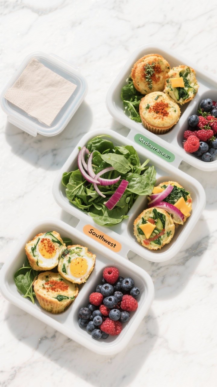 Tasty top view: Overhead shot of a meal-prep layout featuring 3 containers, each packed with 2 veggi