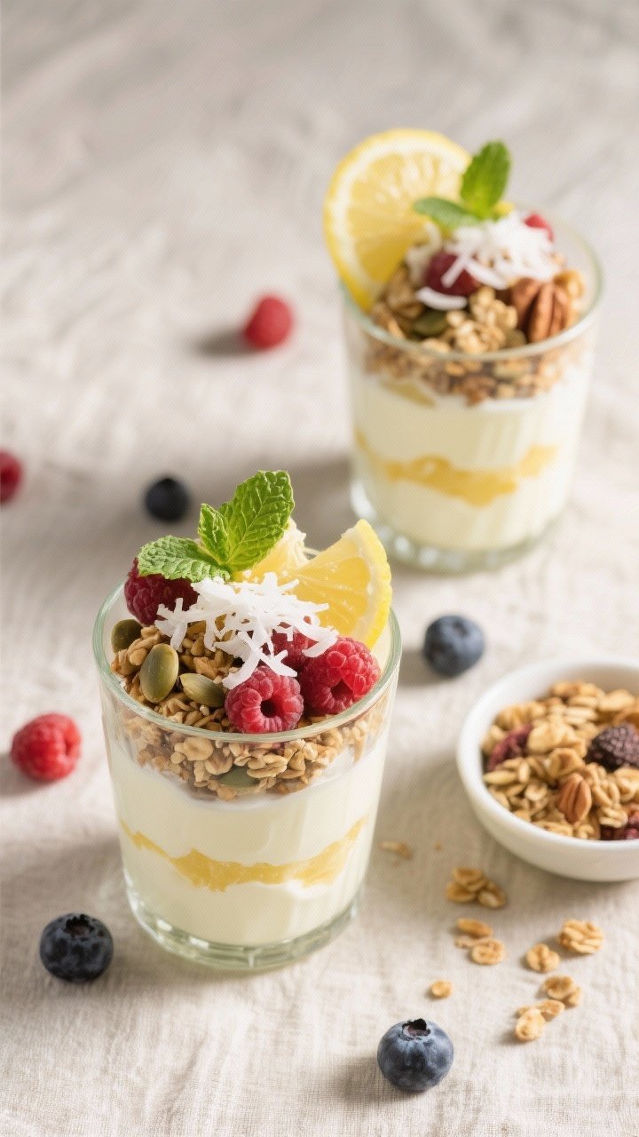 Tasty top view: Overhead shot of assembled Healthy Lemon Yogurt Parfaits in two glass tumblers, show