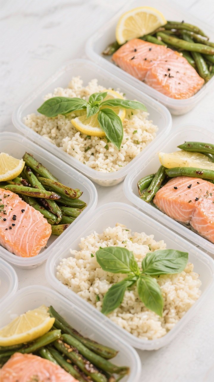 Tasty top view: Overhead shot of four meal-prep containers neatly assembled—1 cup lemon-finished c