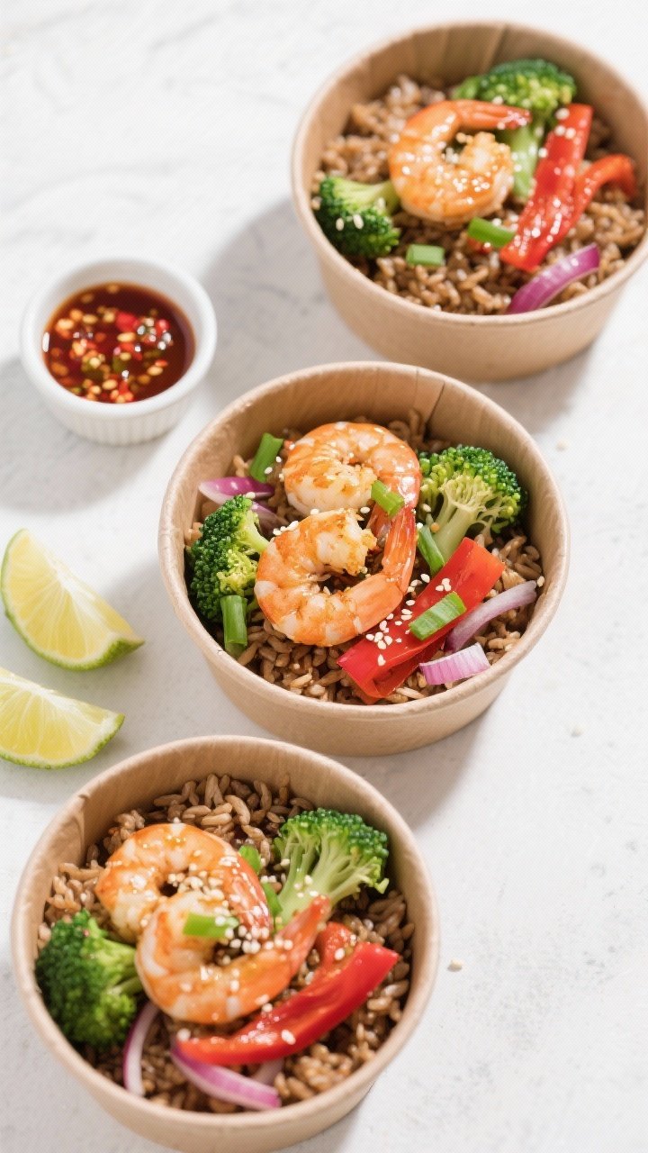 Tasty top view: Overhead shot of meal-prep style bowls—three neatly portioned brown rice bowls top