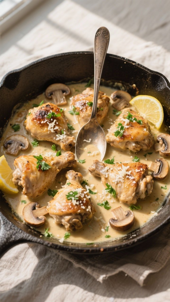 Tasty top view: Overhead shot of the finished chicken thighs returned to the pan “party” with ex