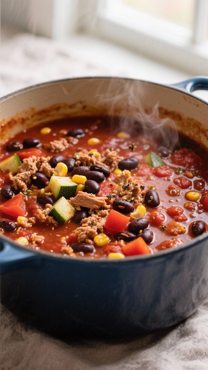 Close-up detail: A Dutch oven of turkey chili mid-simmer after beans are added, showing glossy, thic