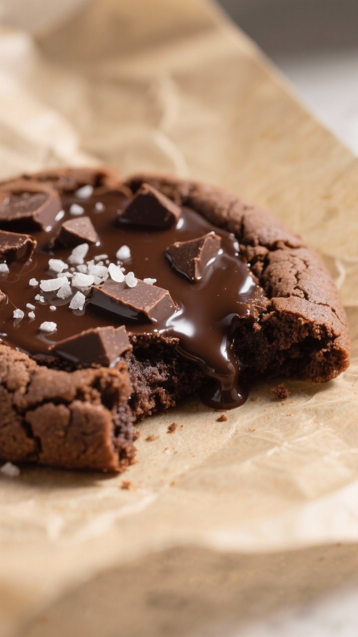 Close-up detail: A just-baked salted dark chocolate protein cookie still on parchment, edges set wit