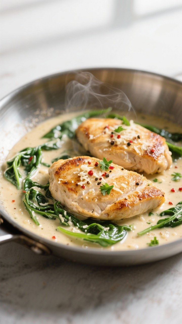 Close-up detail: Golden-seared chicken cutlets nestled in a creamy garlic-Parmesan sauce in a stainl