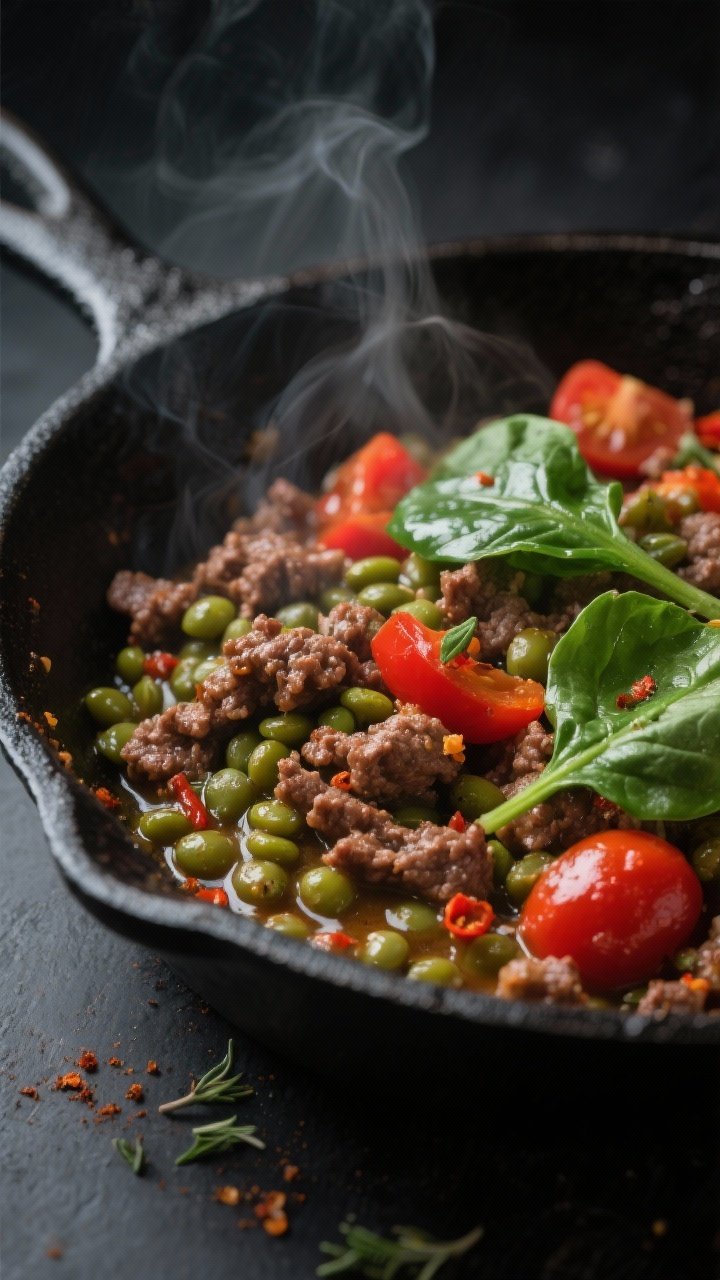 Close-up detail: Juicy browned lean ground beef folded with tender green lentils in a skillet just a