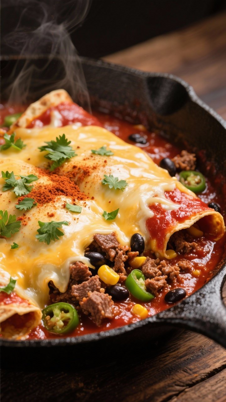 Close-up detail: Melted cheese blanket over a simmering beef enchilada skillet in a cast-iron pan, s