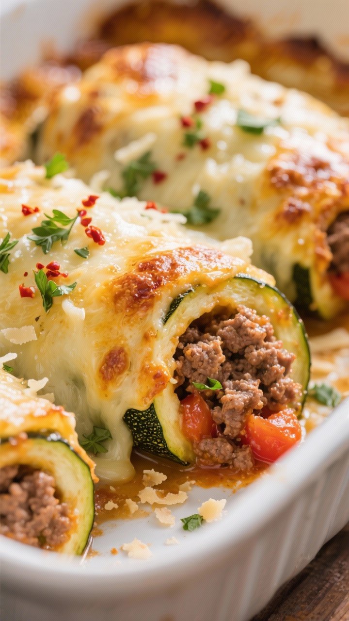 Close-up detail: Melted mozzarella and Parmesan bubbling over Italian herb ground beef stuffed zucch