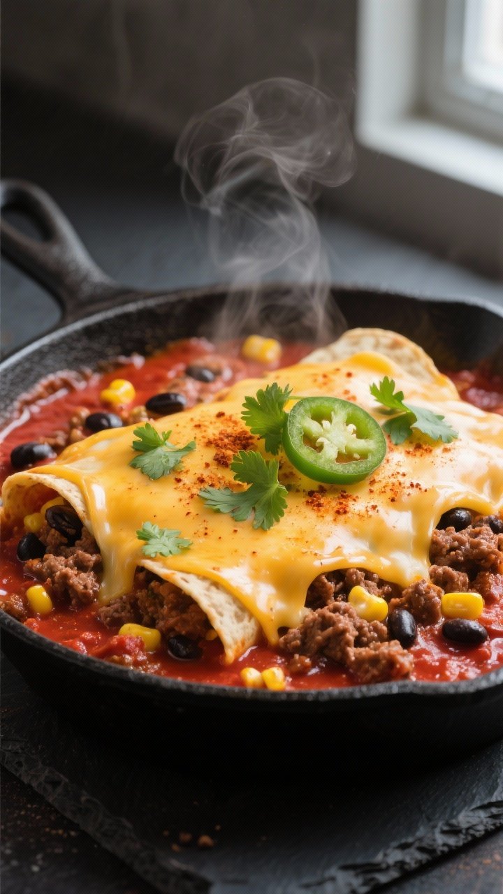Close-up detail: Melty cheese blanket over a bubbling ground beef enchilada skillet, showing glossy 