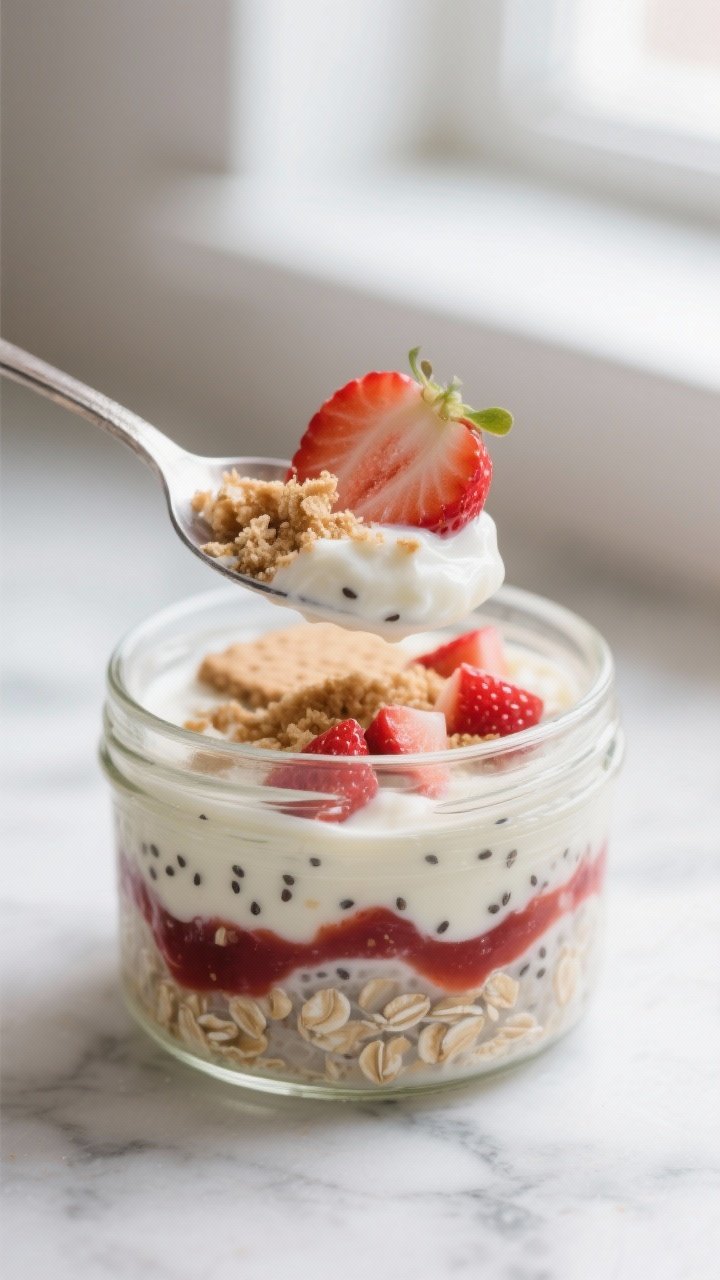 Close-up detail shot: A spoonful of strawberry cheesecake overnight oats being lifted from a glass j