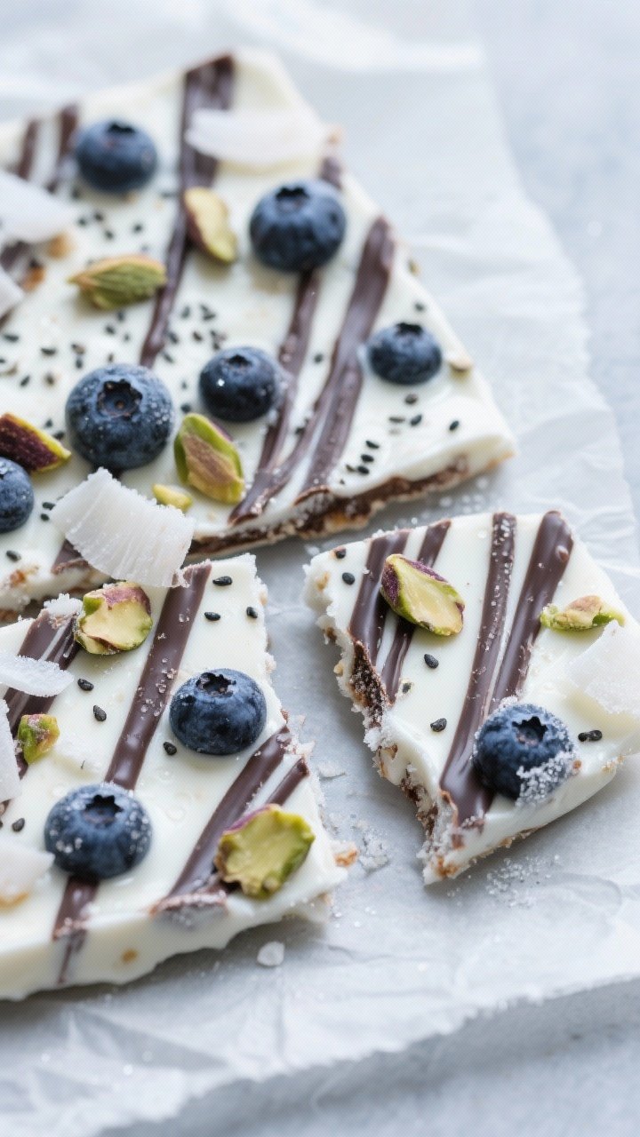Close-up detail shot: Freshly frozen blueberry Greek yogurt bark being broken into glossy shards on 
