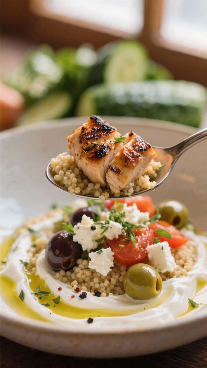 Close-up final plating: Tight macro of a spoonful hover or close-in bowl edge featuring juicy, charr