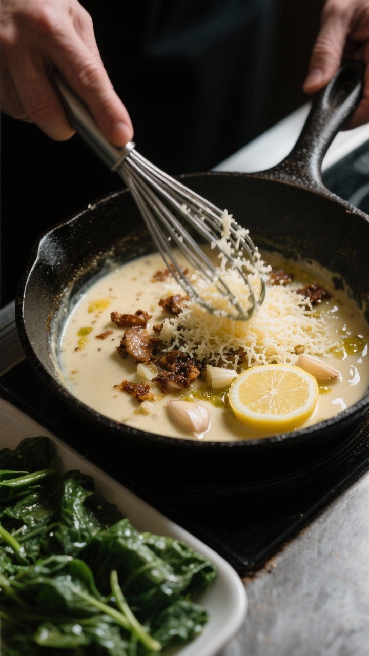 Cooking process: Action shot in a cast-iron skillet of the sauce moment—Parmesan being whisked in 