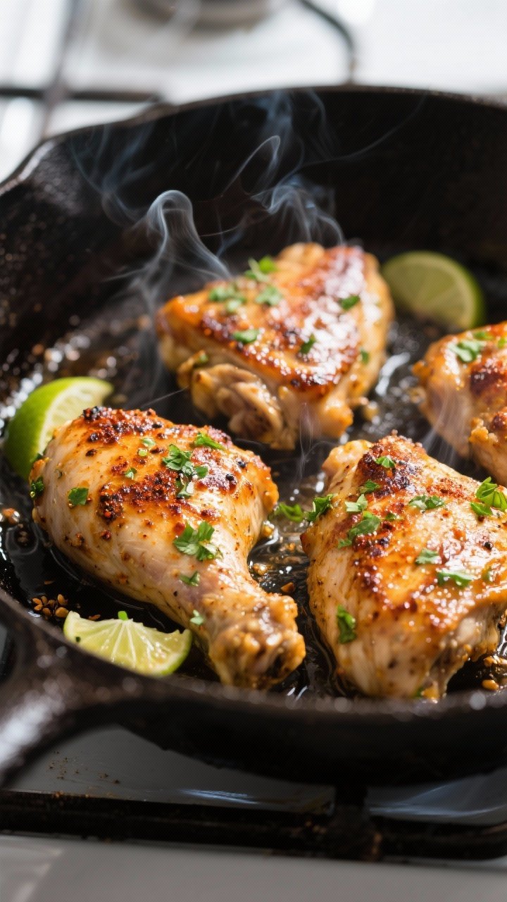 Cooking process, close-up sear: Close-up of cilantro-lime marinated chicken thighs sizzling in a cas