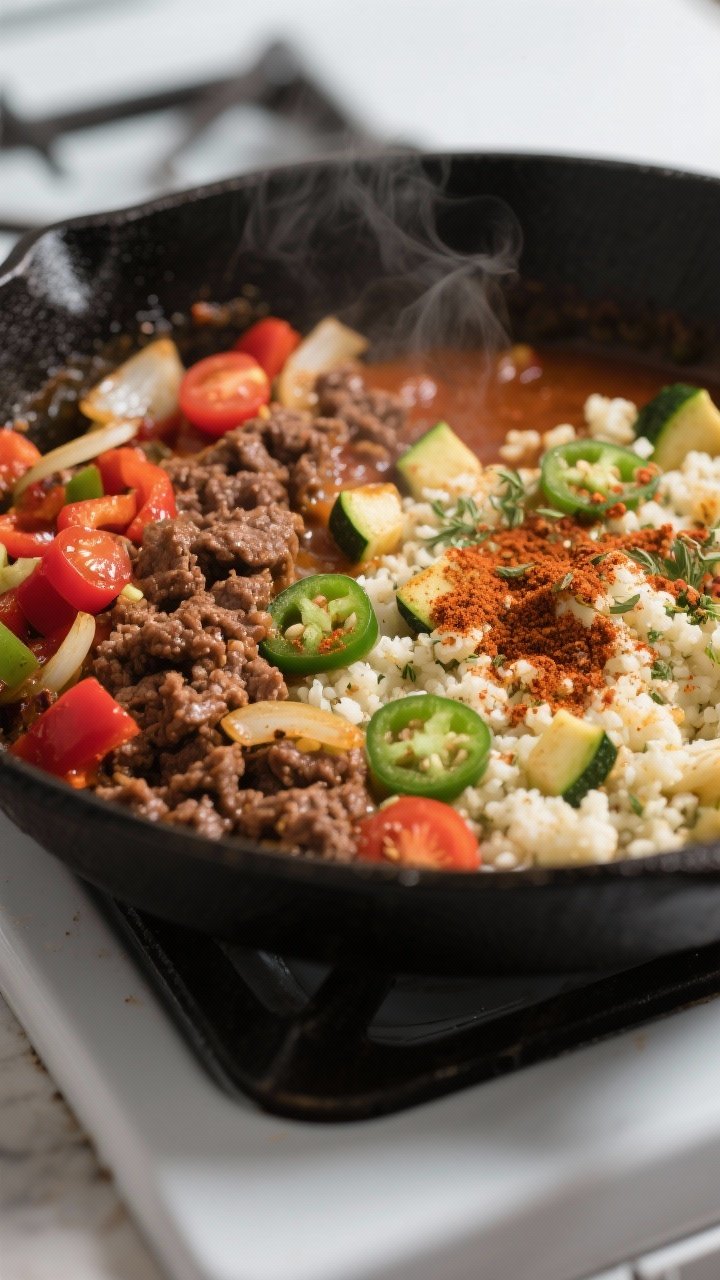 Cooking process — Low-Carb Beef Taco Skillet: Seared, browned ground beef pushed to the pan edges 