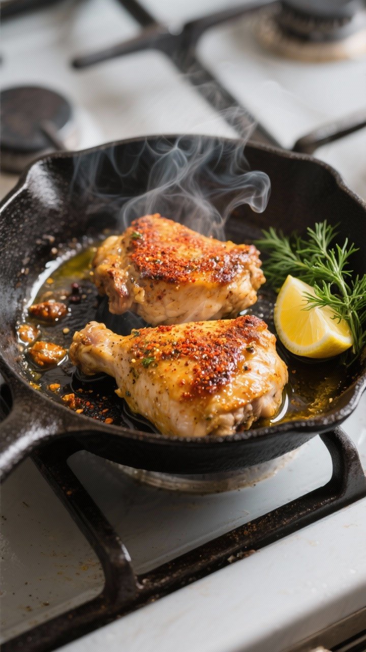 Cooking process: Marinated Mediterranean chicken thighs searing in a cast-iron skillet, golden-brown