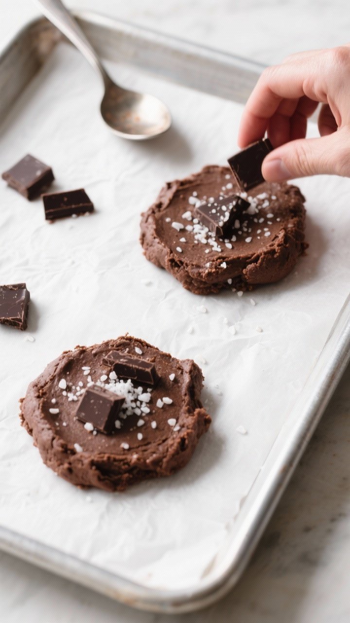 Cooking process: Overhead shot of a parchment-lined baking sheet as thick, 2-tablespoon scoops of do