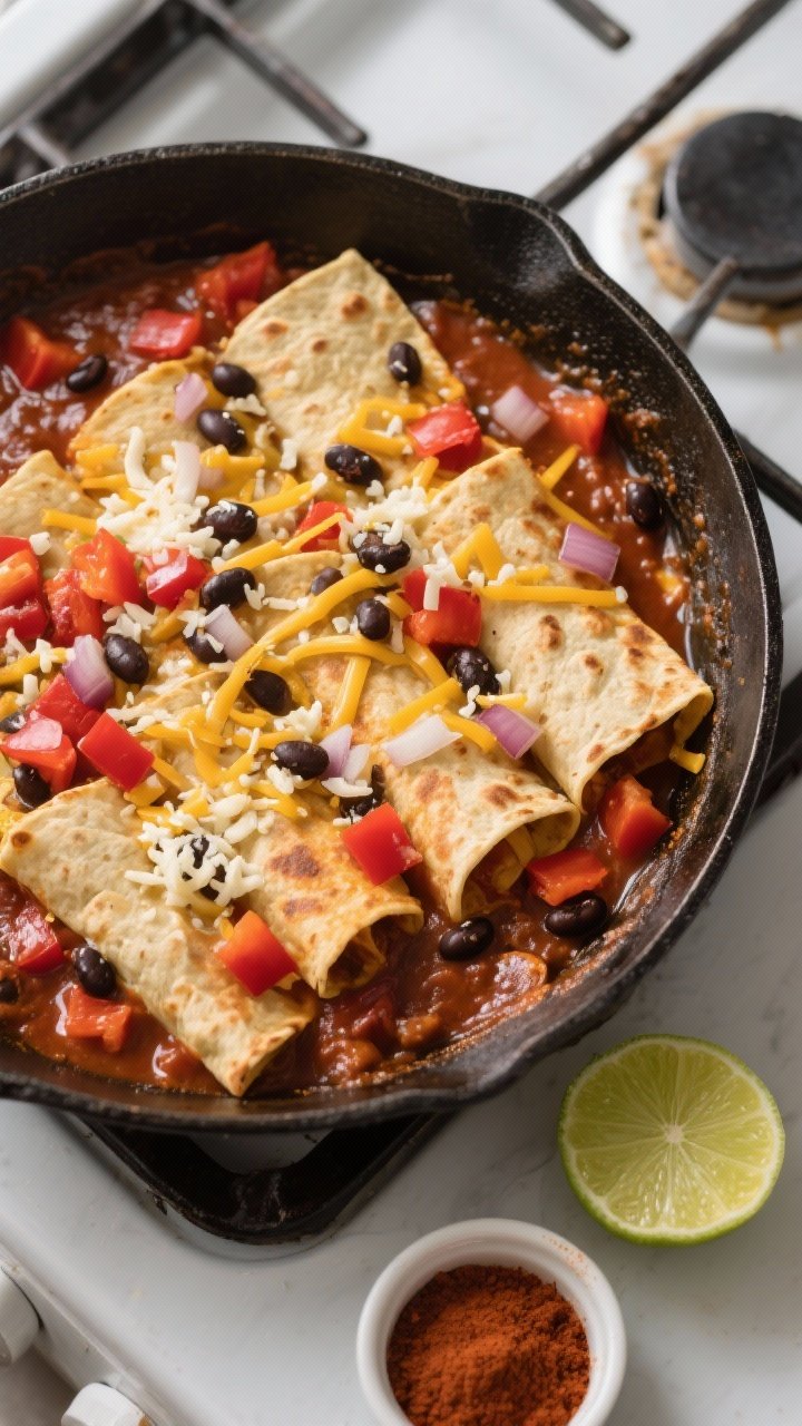 Cooking process: Overhead shot of the skillet right after tortillas are folded in and the mixture ha