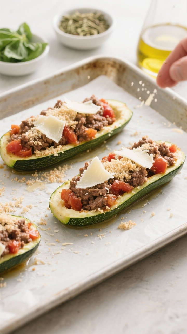 Cooking process: Overhead shot of zucchini boats being filled and topped before baking—mounded bee