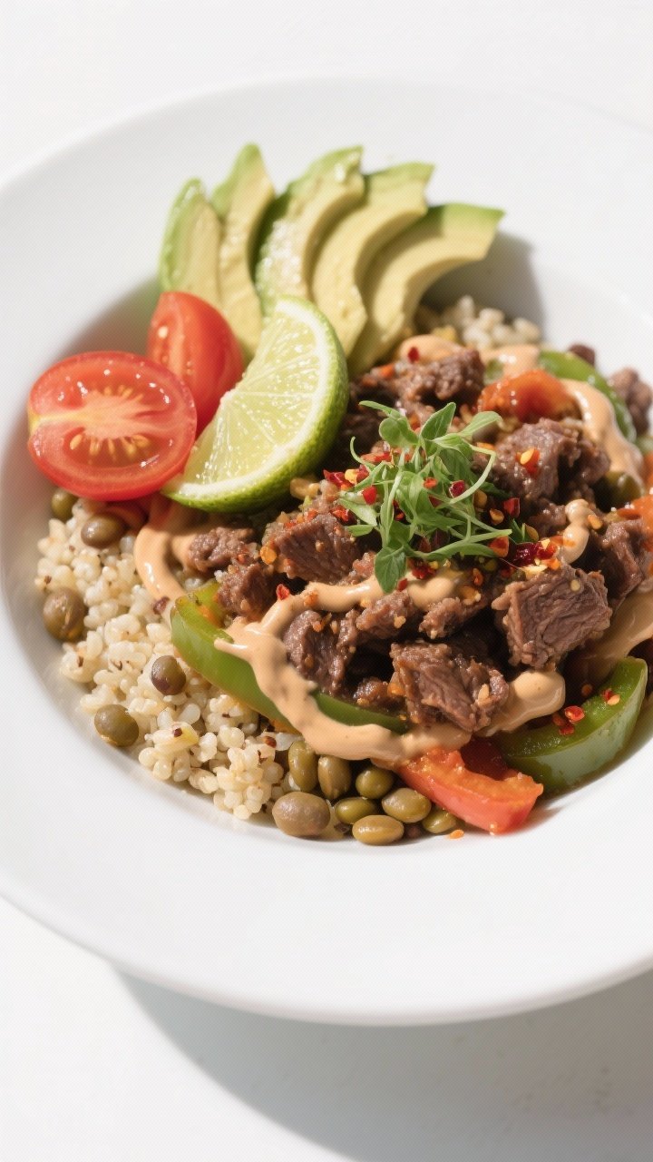 Final dish glamour: Restaurant-quality plated Beef and Lentil Protein Bowls with a Tex-Mex twist—s
