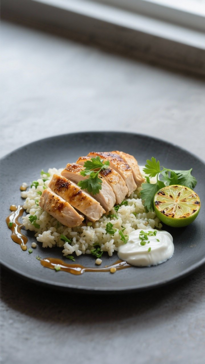 Final dish, plated elegance: Restaurant-quality presentation of sliced chicken breast fanned over ci