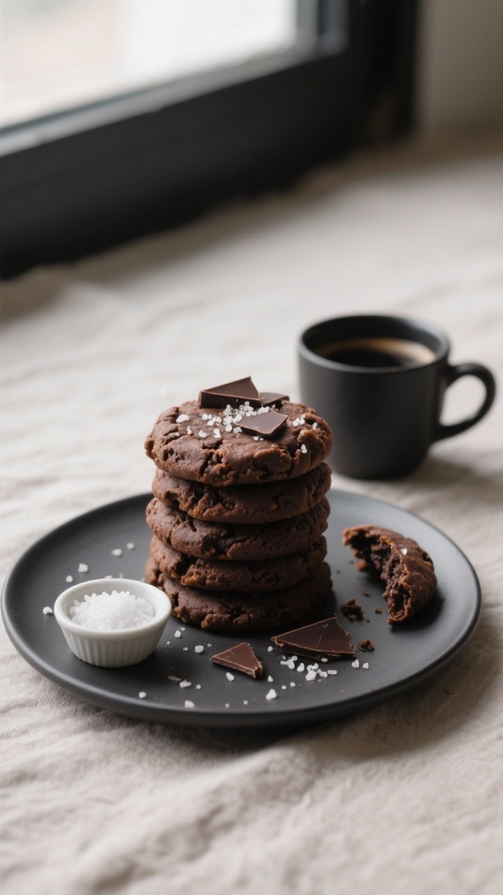 Final dish presentation: Beautifully plated stack of Salted Dark Chocolate Protein Cookies on a matt