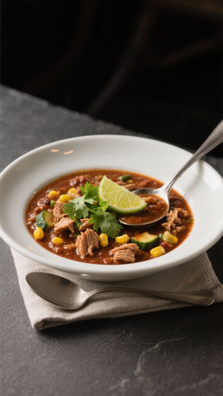 Final dish presentation: Restaurant-quality hero plate of the finished turkey chili showing a thick,