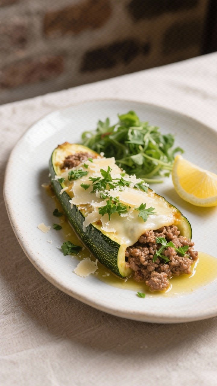 Final dish presentation: Restaurant-quality plated Italian Herb Ground Beef Stuffed Zucchini on a ma