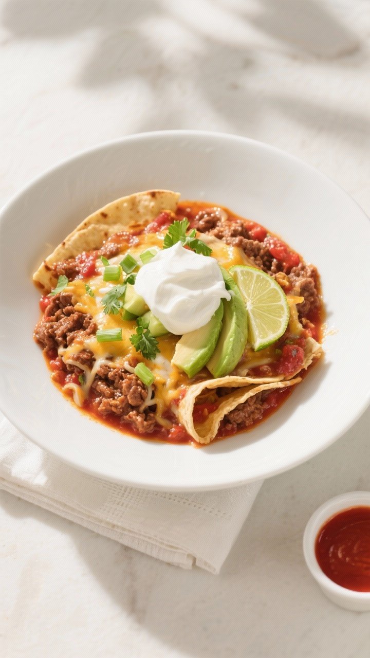 Final dish presentation: Restaurant-quality plated serving of Healthy Ground Beef Enchilada Skillet 