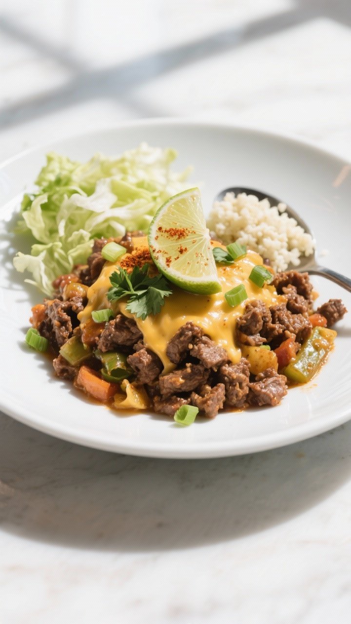 Final plated dish — Restaurant-quality presentation: A heaping scoop of the beef taco skillet plat