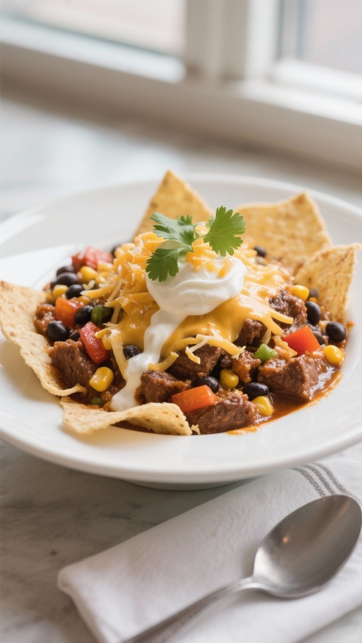 Final plated dish: Restaurant-quality presentation of a hearty scoop of beef enchilada skillet serve