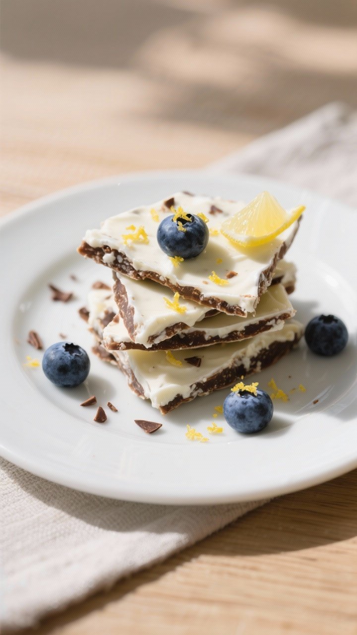 Final plated presentation: Restaurant-quality serving of blueberry Greek yogurt bark shards stacked 