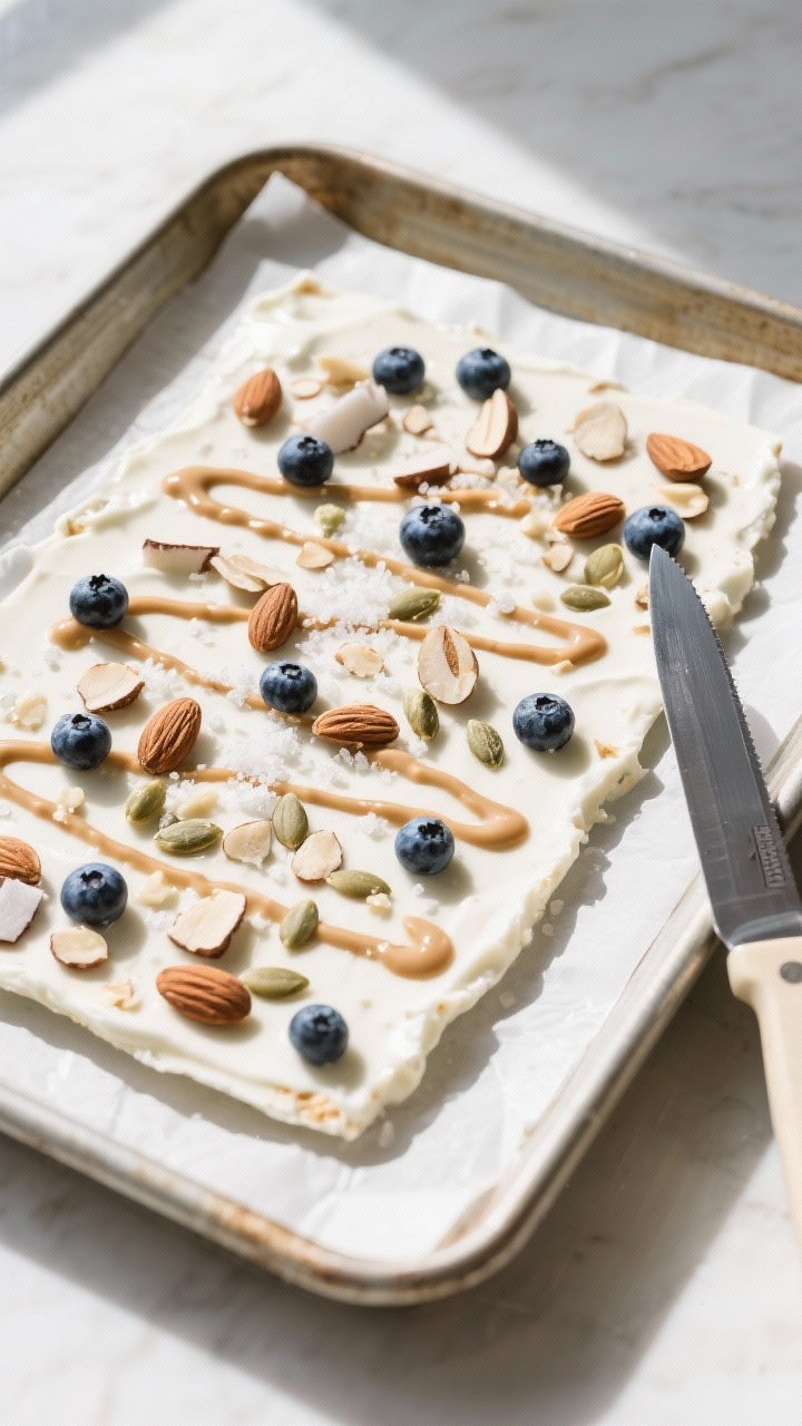Overhead process shot: Tray of fully set yogurt bark on a rimmed baking sheet lined with parchment, 