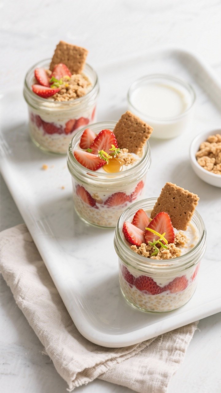 Overhead “tasty top view” shot: A lineup of three 12–16 oz jars filled with fully set strawber