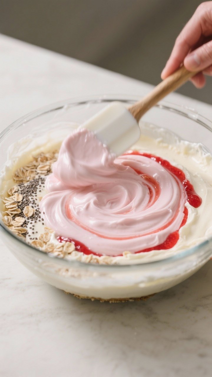 Process-in-action shot (prepared stage, no raw ingredients): The cheesecake base being whisked smoot