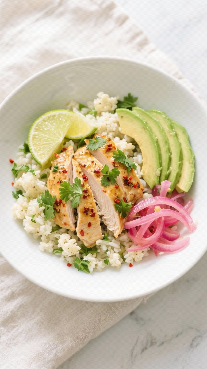 Tasty top view, bowl build: Overhead shot of Cilantro Lime Chicken with Cauliflower Rice in a wide s