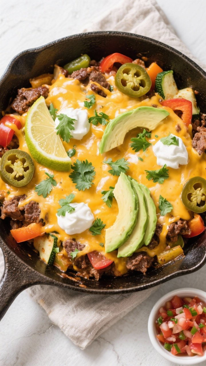 Tasty top view — Final melty moment: Overhead shot of the finished beef taco skillet with cheese j