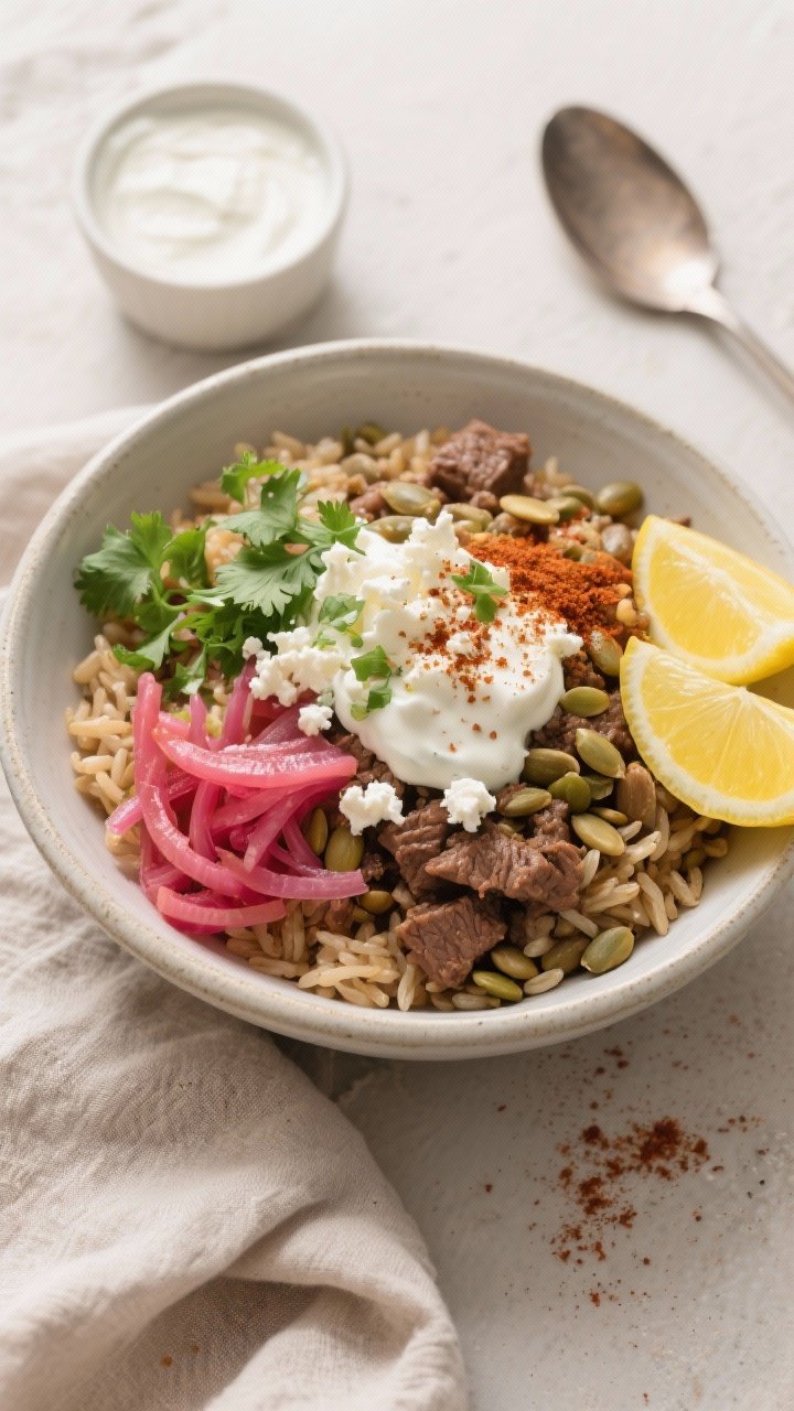Tasty top view: Overhead shot of a Beef and Lentil Protein Bowl built over fluffy brown rice, topped